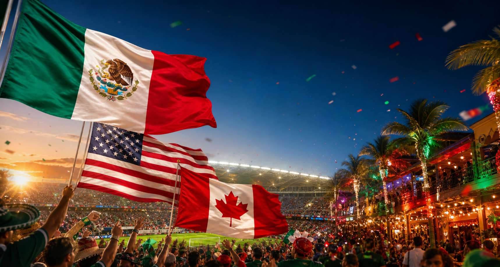 Banderas de México, Estados Unidos y Canadá para el resumen del Mundial en Zona Rosa Charlotte